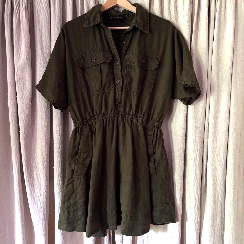 Banana Republic Linen Mini Utility Shirt Dress Olive Green Safari Size Small